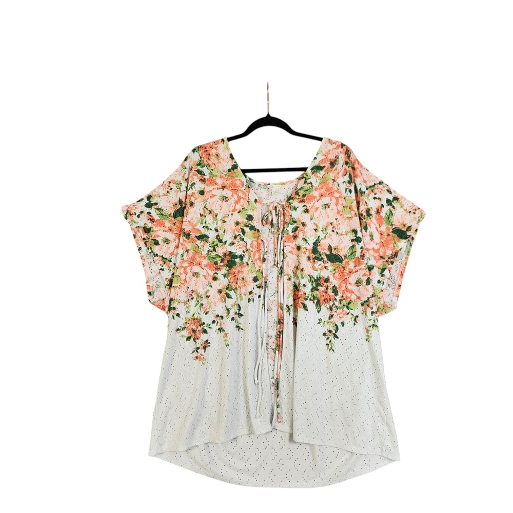 Cato Womens Floral Eyelet Tie Front Blouse Plus Size 14/16W‎ Pink Green White